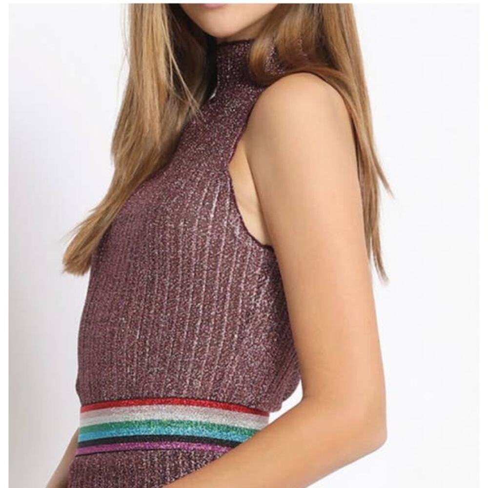 San Souci Pink Sparkle Pleated Lurex Mock Neck Top - S